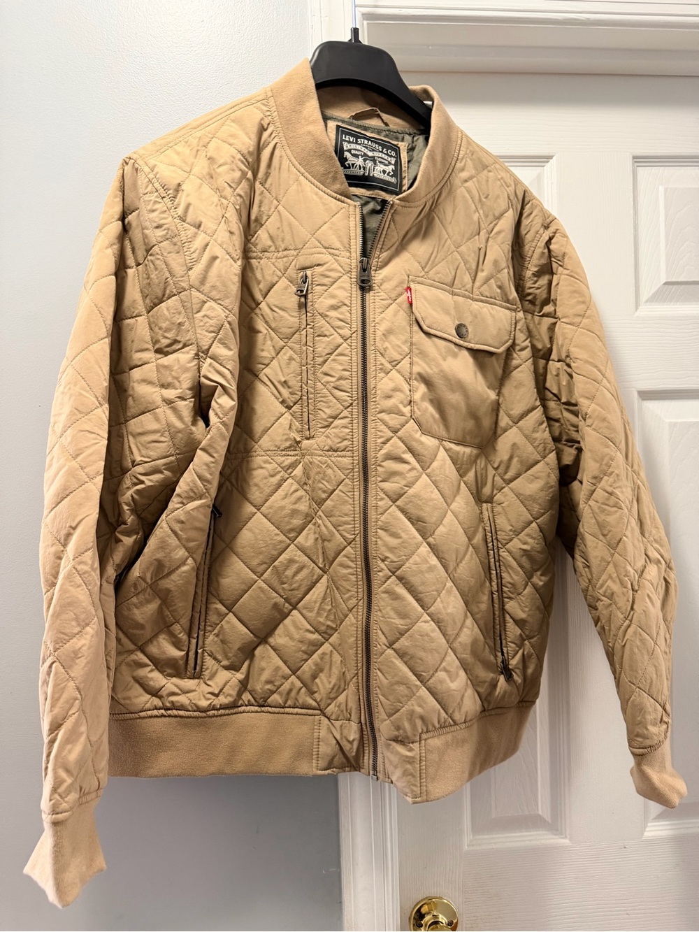 Levi bomber jacket tan diamond quilted coat zipper front